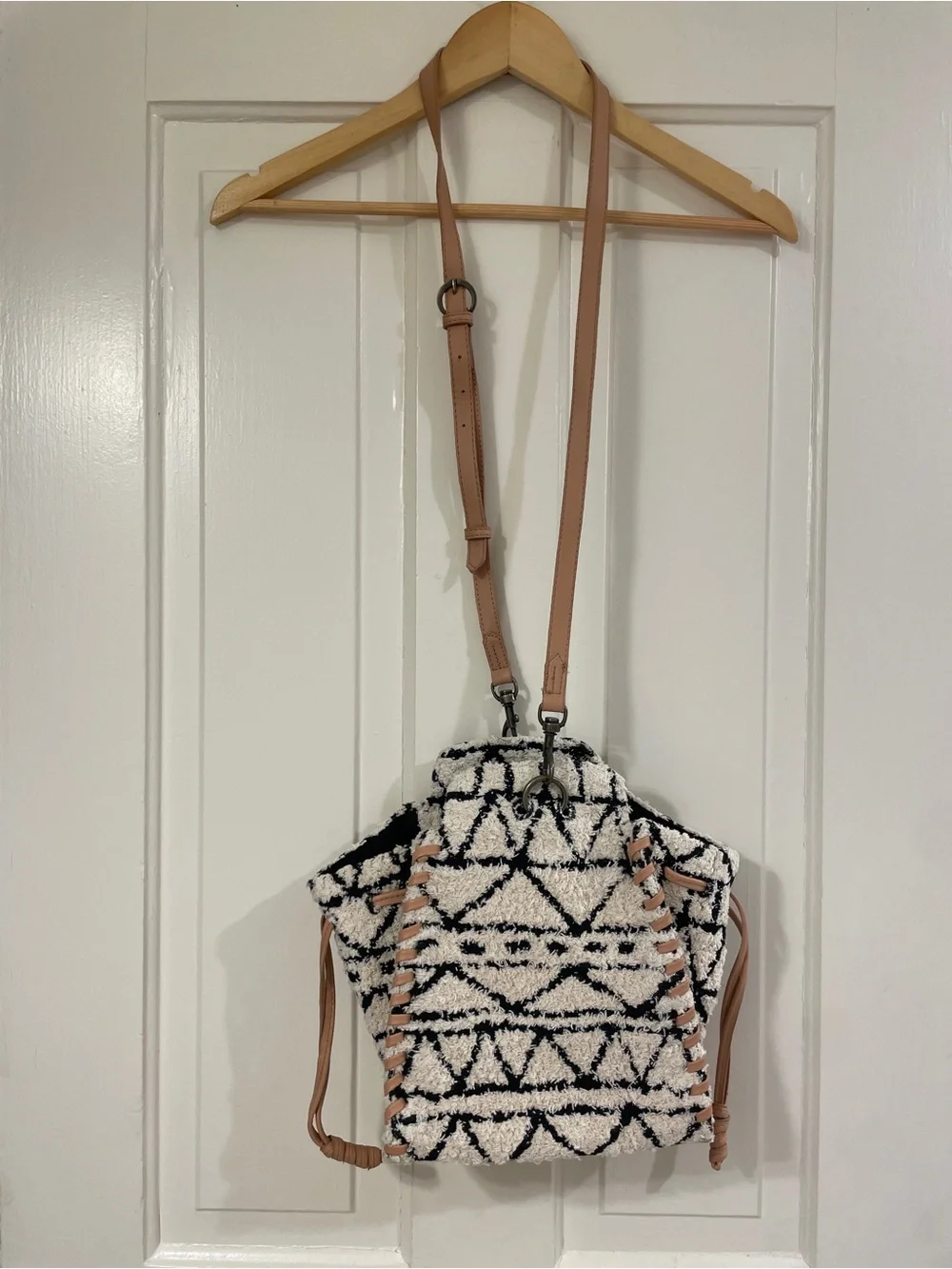 Textured Black & White Pattern Crossbody Backpack with Tan Straps
